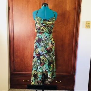 Brown Multicolored Halter A-Line Dress